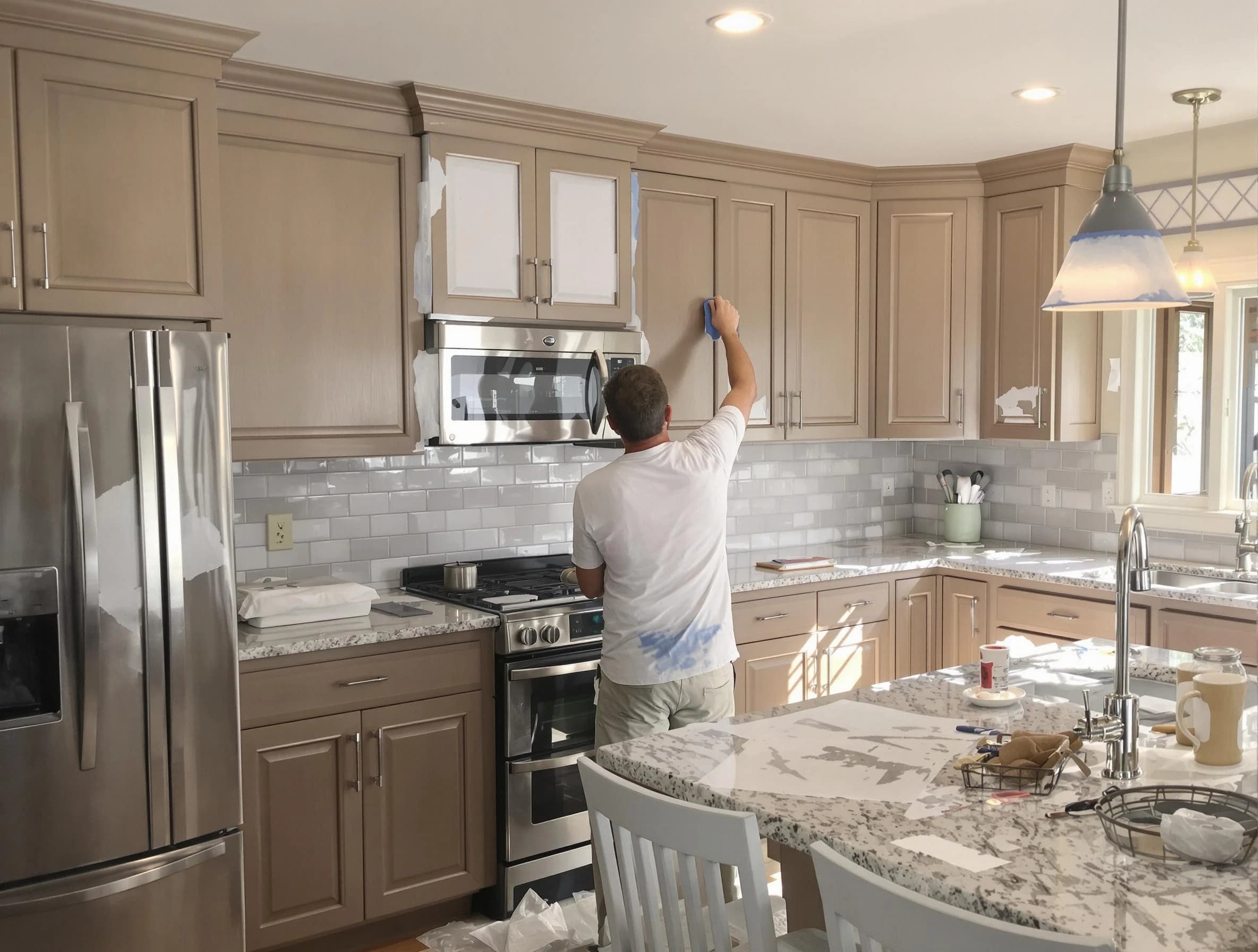 Before-and-after view of kitchen painting by Willowick House Painters in Willowick